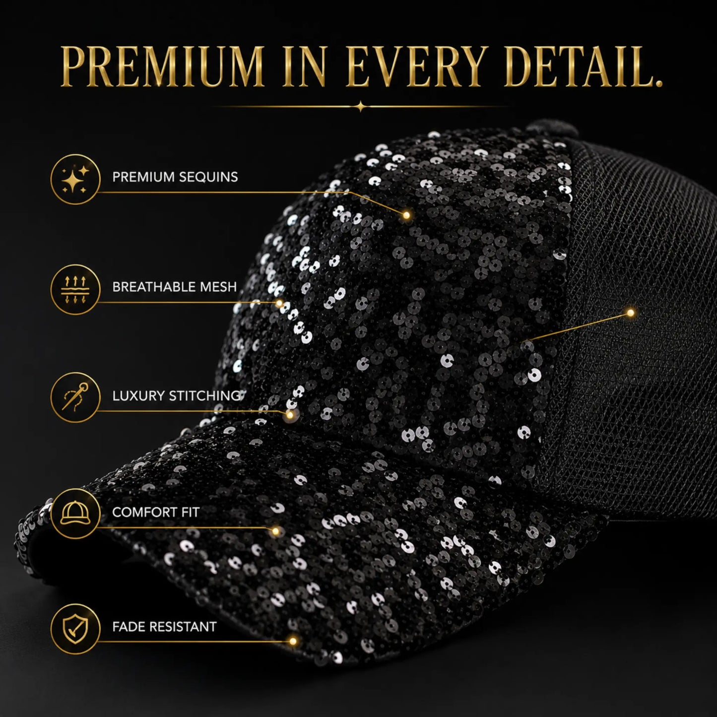 Luxury Black Sequin Baseball Cap for Women | Sparkly Mesh Trucker Hat | Fashion Glitter Casual Summer Adjustable Cap Jumartins