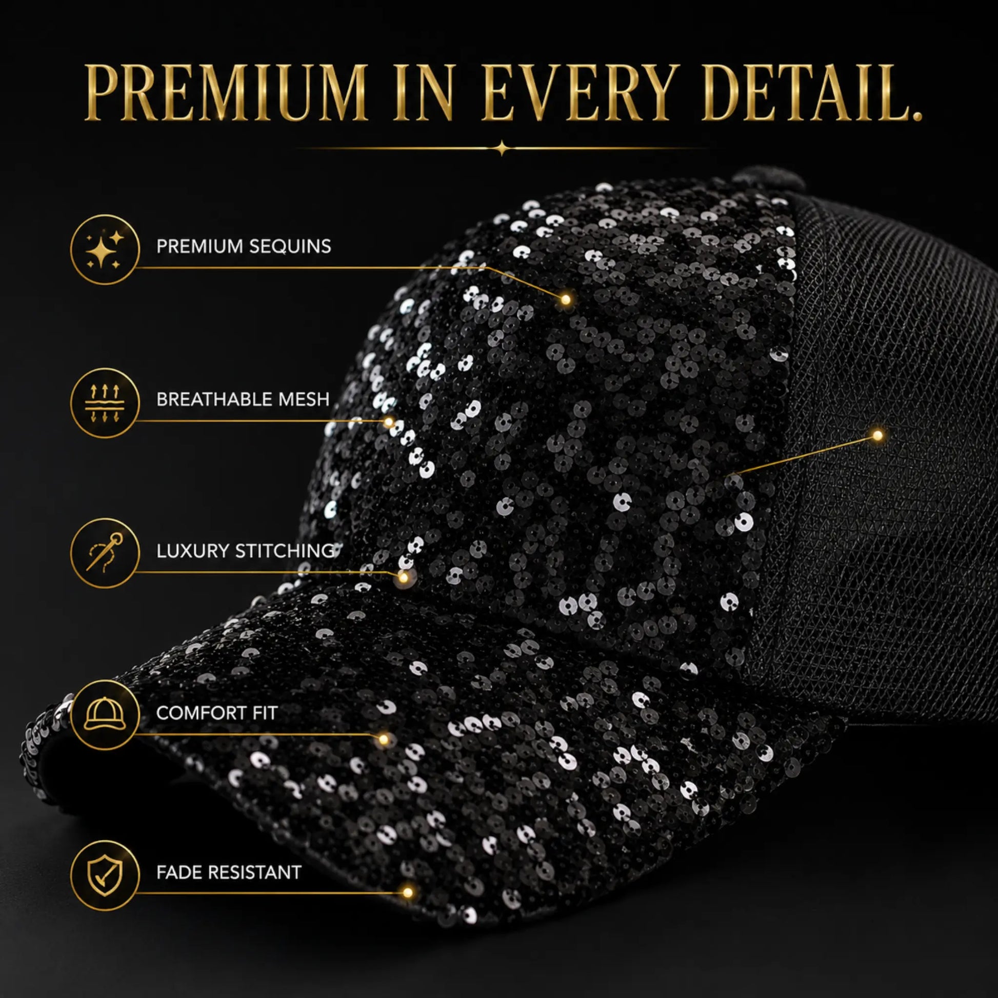 Luxury Black Sequin Baseball Cap for Women | Sparkly Mesh Trucker Hat | Fashion Glitter Casual Summer Adjustable Cap Jumartins