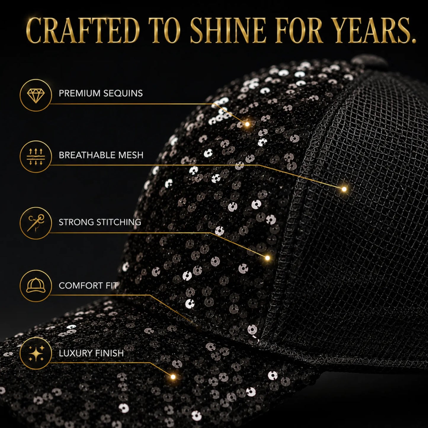 Luxury Black Sequin Baseball Cap for Women | Sparkly Mesh Trucker Hat | Fashion Glitter Casual Summer Adjustable Cap Jumartins