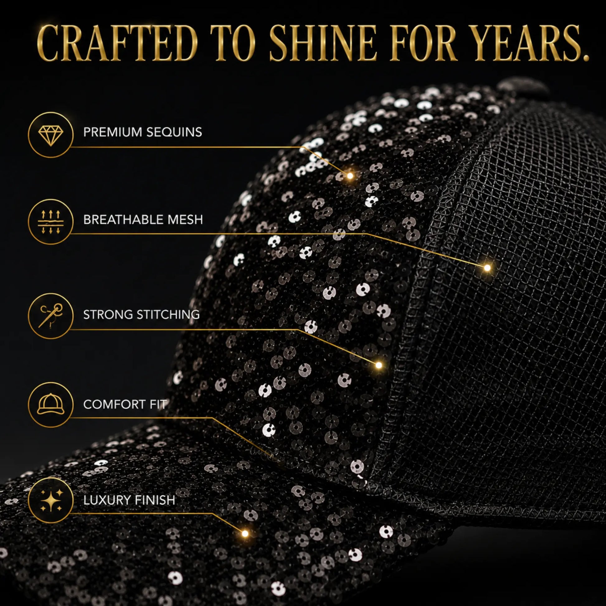 Luxury Black Sequin Baseball Cap for Women | Sparkly Mesh Trucker Hat | Fashion Glitter Casual Summer Adjustable Cap Jumartins