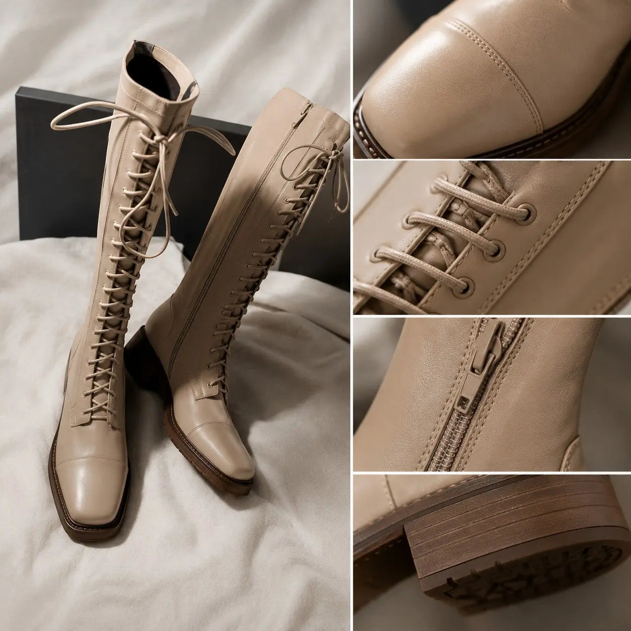 Women's Knee High Lace Up Boots Brown Riding Boots Low Heel Combat Boots Vintage Tall Boots Casual Fashion Boots for Women Jumartins