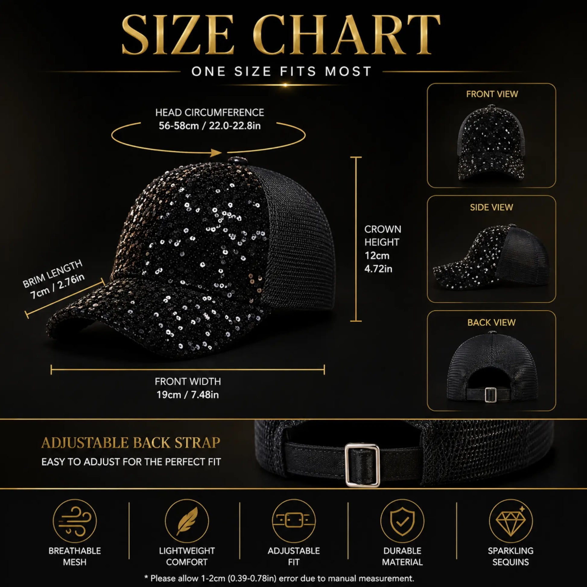 Luxury Black Sequin Baseball Cap for Women | Sparkly Mesh Trucker Hat | Fashion Glitter Casual Summer Adjustable Cap Jumartins
