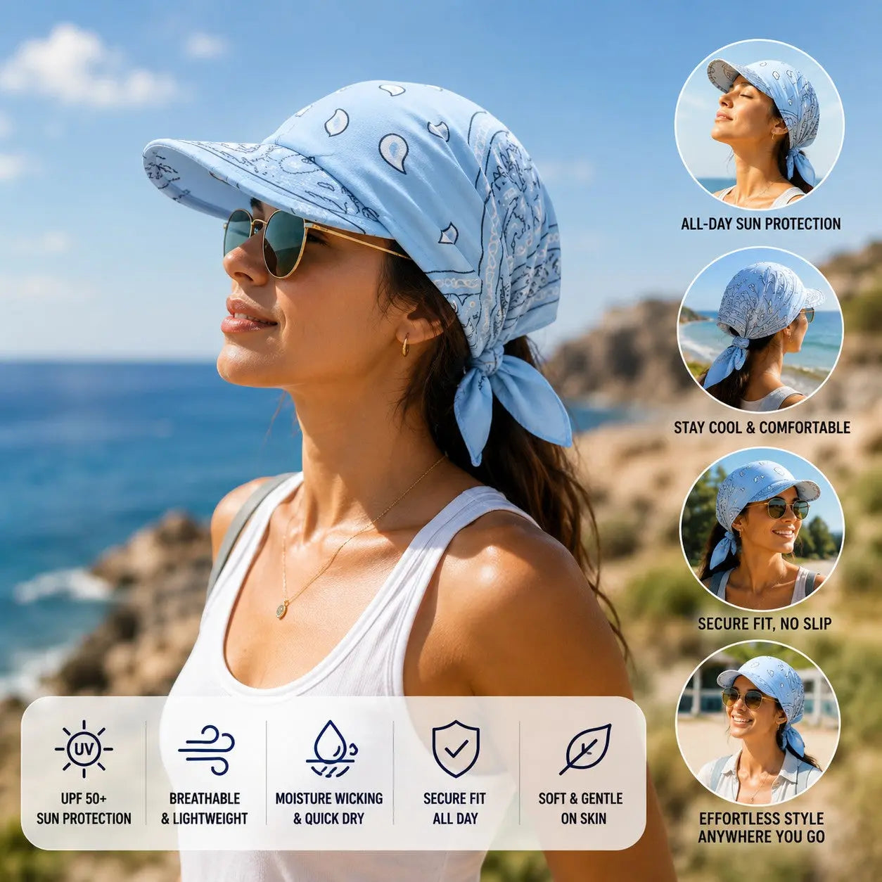 Women's Scarf Visor Hat UPF 50+ Sun Protection Hat Adjustable Bandana Visor Beach Hat Lightweight Summer Sun Cap for Women Jumartins