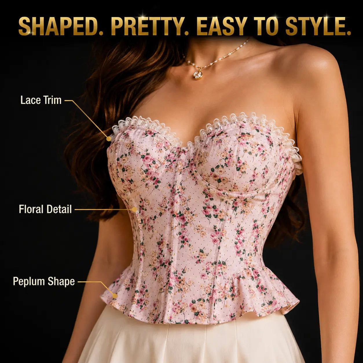 Floral Corset Top | Pink Lace Trim Bustier | Coquette Peplum Blouse | Romantic Going Out Top | Soft Feminine Shirt Jumartins