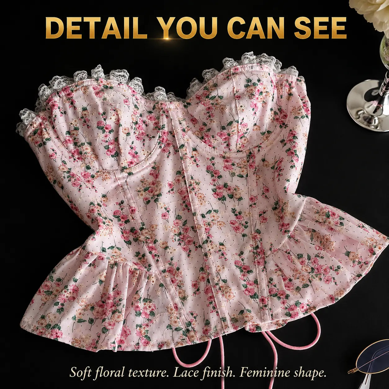Floral Corset Top | Pink Lace Trim Bustier | Coquette Peplum Blouse | Romantic Going Out Top | Soft Feminine Shirt Jumartins