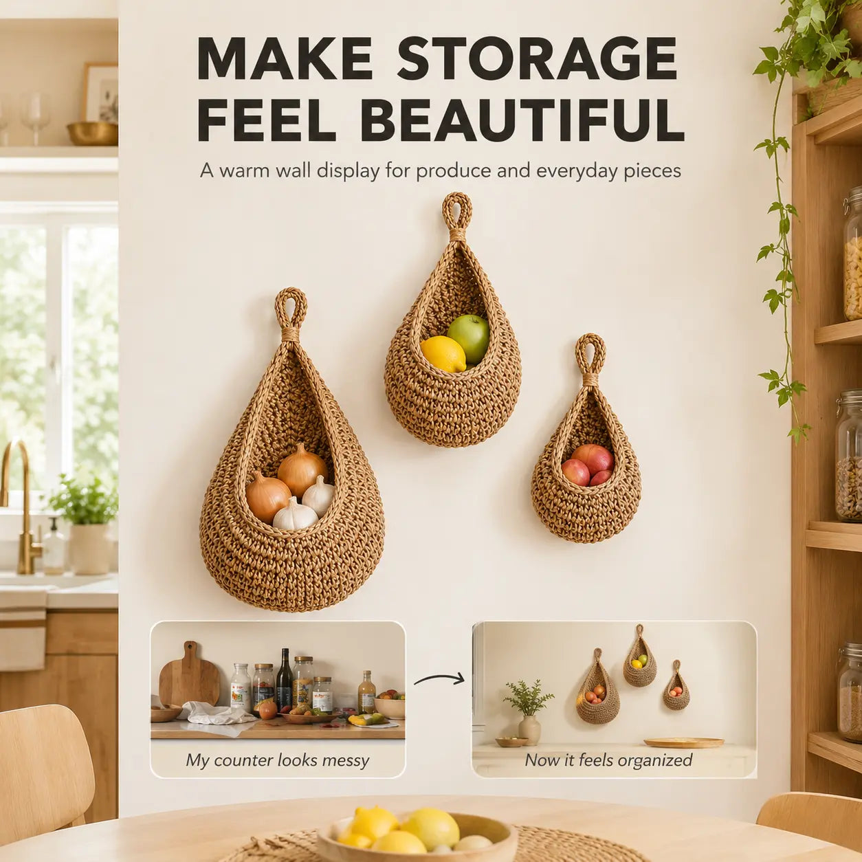 Wall Hanging Basket Set | Woven Fruit Storage | Kitchen Organizer Hooks | Pantry Dining Room Decor Jumartins