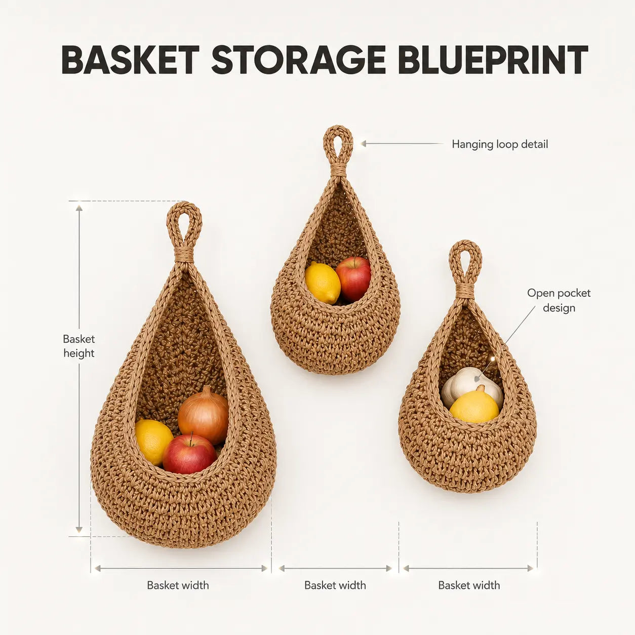 Wall Hanging Basket Set | Woven Fruit Storage | Kitchen Organizer Hooks | Pantry Dining Room Decor Jumartins