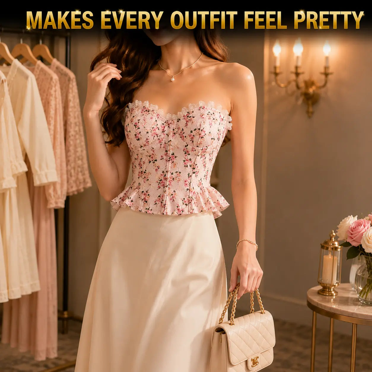 Floral Corset Top | Pink Lace Trim Bustier | Coquette Peplum Blouse | Romantic Going Out Top | Soft Feminine Shirt Jumartins