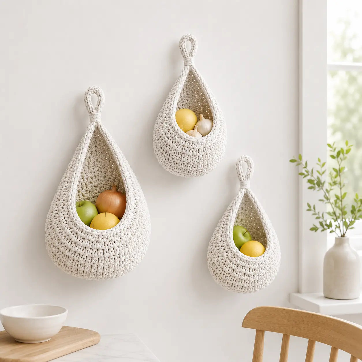 Wall Hanging Basket Set | Woven Fruit Storage | Kitchen Organizer Hooks | Pantry Dining Room Decor Jumartins