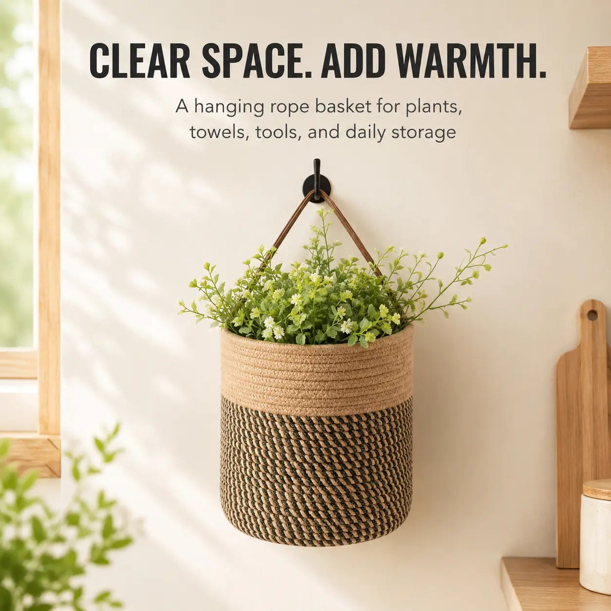 Hanging Rope Storage Basket | Boho Wall Basket Organizer | Kitchen Plant Towel Toy Holder | Rustic Home Decor Jumartins