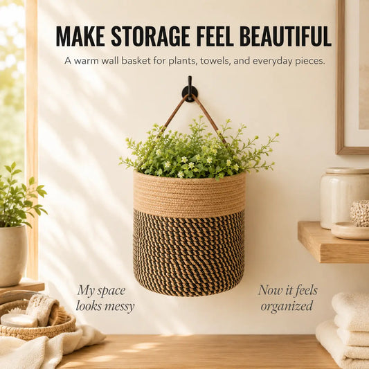 Hanging Rope Storage Basket | Boho Wall Basket Organizer | Kitchen Plant Towel Toy Holder | Rustic Home Decor Jumartins
