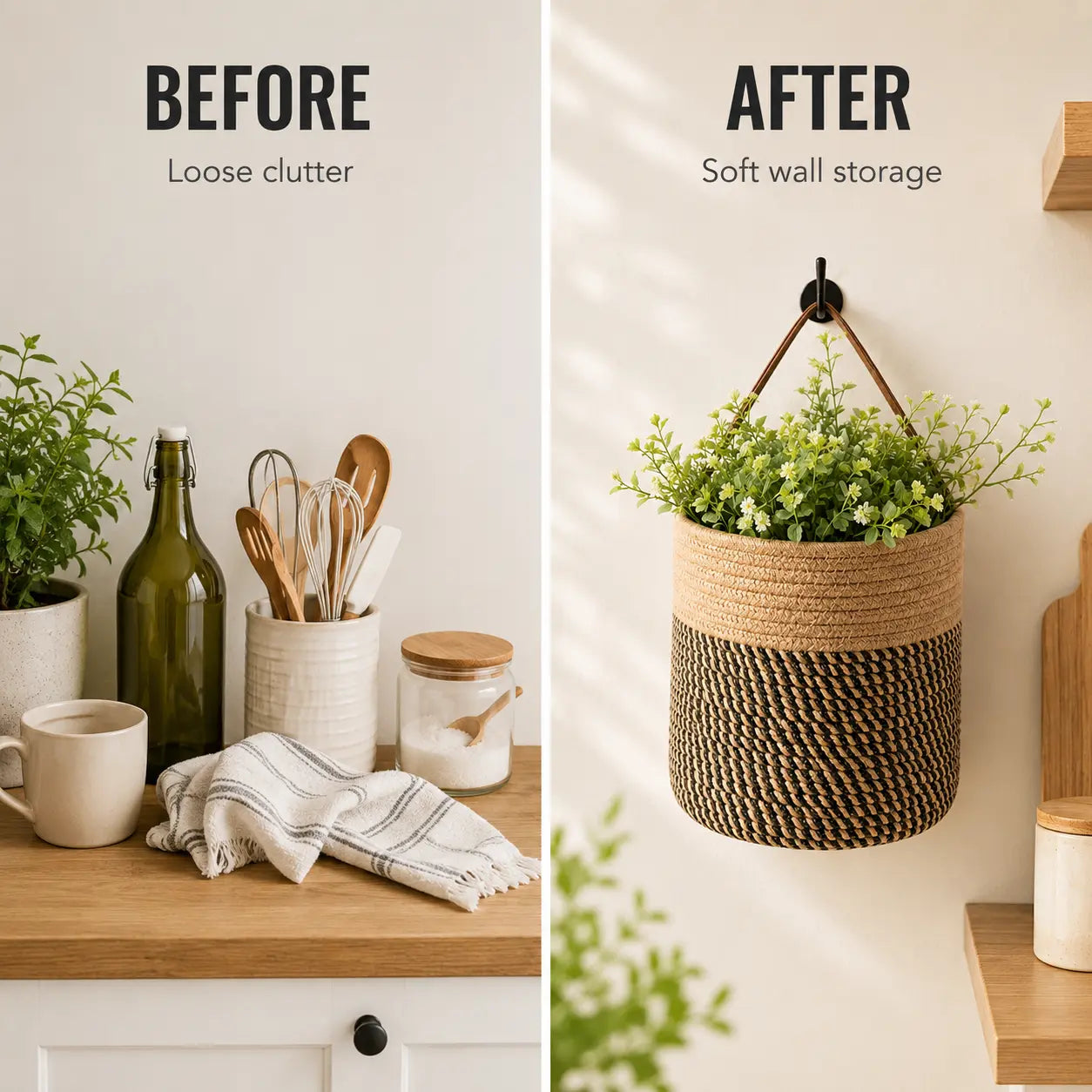 Hanging Rope Storage Basket | Boho Wall Basket Organizer | Kitchen Plant Towel Toy Holder | Rustic Home Decor Jumartins
