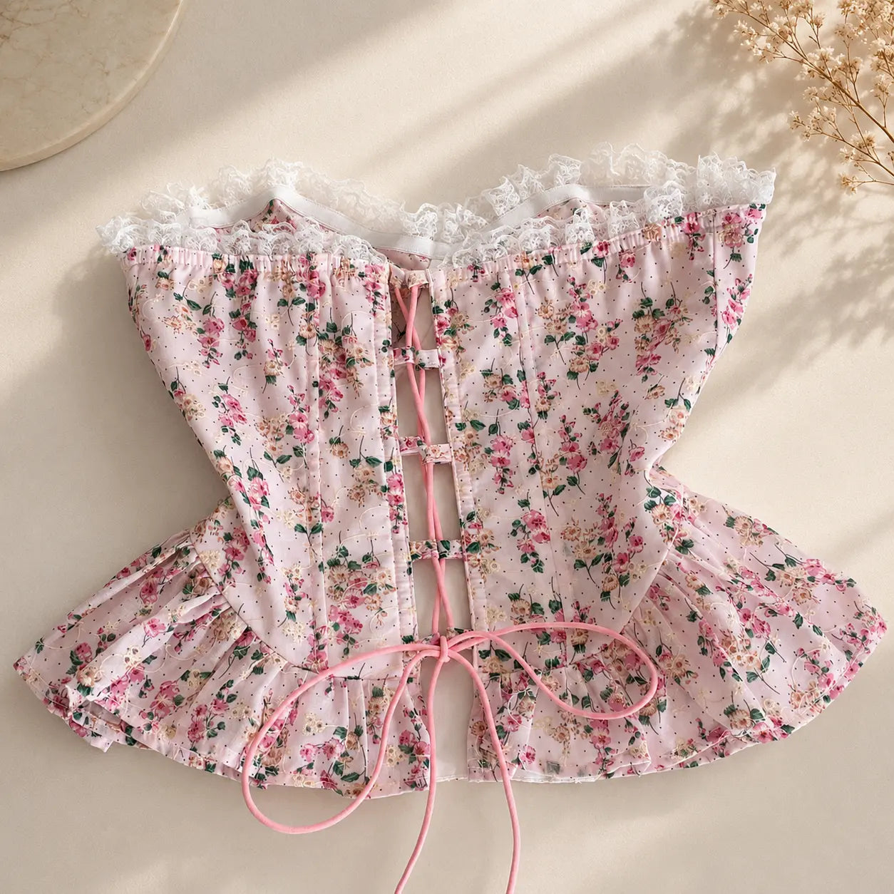 Floral Corset Top | Pink Lace Trim Bustier | Coquette Peplum Blouse | Romantic Going Out Top | Soft Feminine Shirt Jumartins