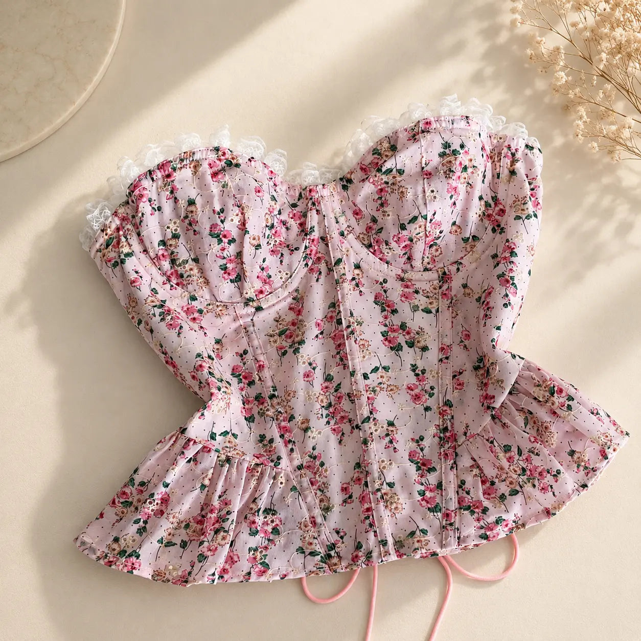 Floral Corset Top | Pink Lace Trim Bustier | Coquette Peplum Blouse | Romantic Going Out Top | Soft Feminine Shirt Jumartins