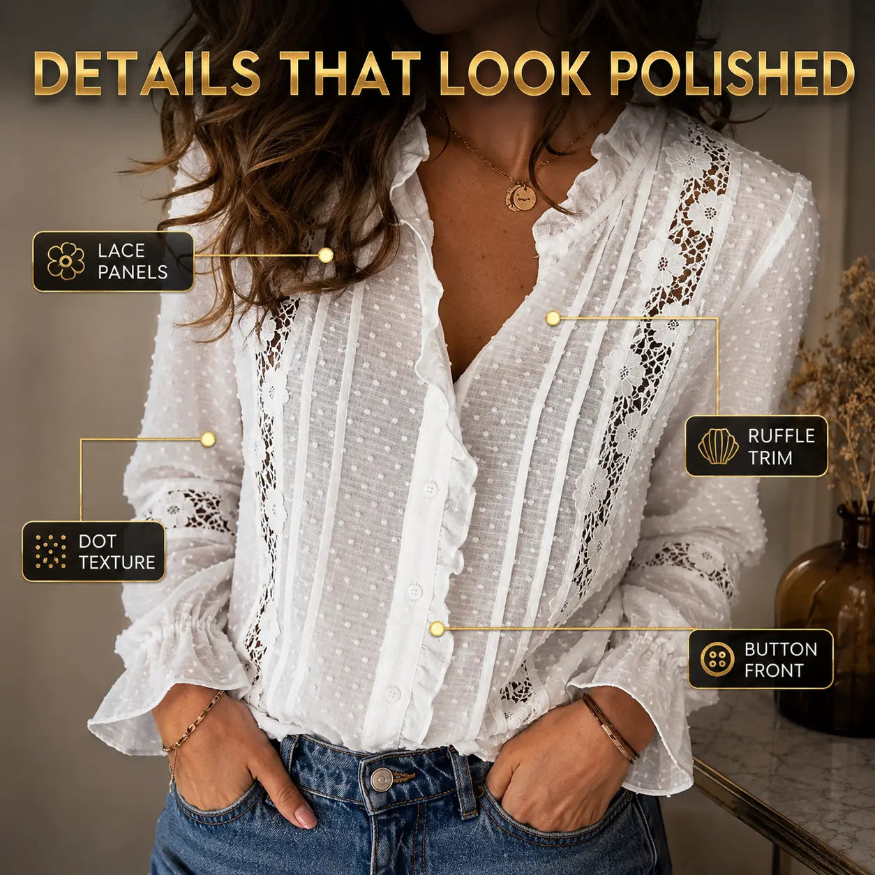 Women's White Lace Ruffle Blouse Long Sleeve Swiss Dot Button Front Elegant Romantic Casual Top Vintage Cottagecore Shirt Jumartins