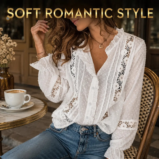 Women's White Lace Ruffle Blouse Long Sleeve Swiss Dot Button Front Elegant Romantic Casual Top Vintage Cottagecore Shirt Jumartins