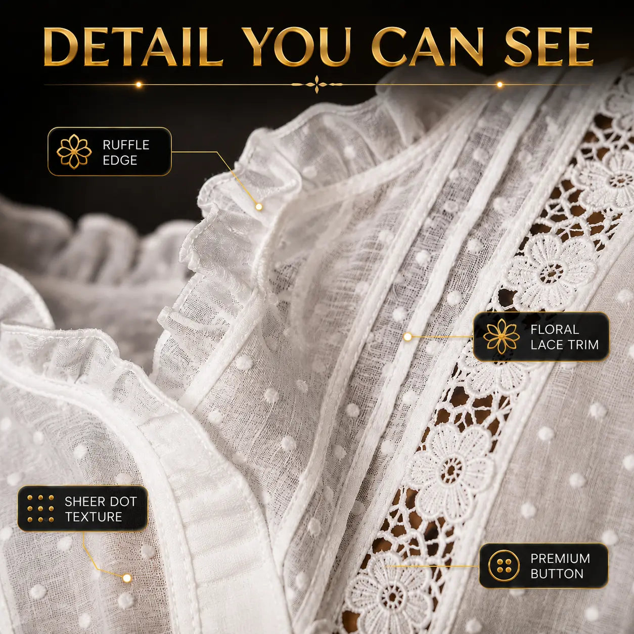Women's White Lace Ruffle Blouse Long Sleeve Swiss Dot Button Front Elegant Romantic Casual Top Vintage Cottagecore Shirt Jumartins