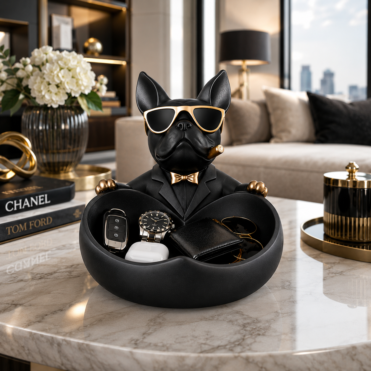 Luxury French Bulldog Storage Bowl Decor | Modern Resin Dog Statue Organizer Tray