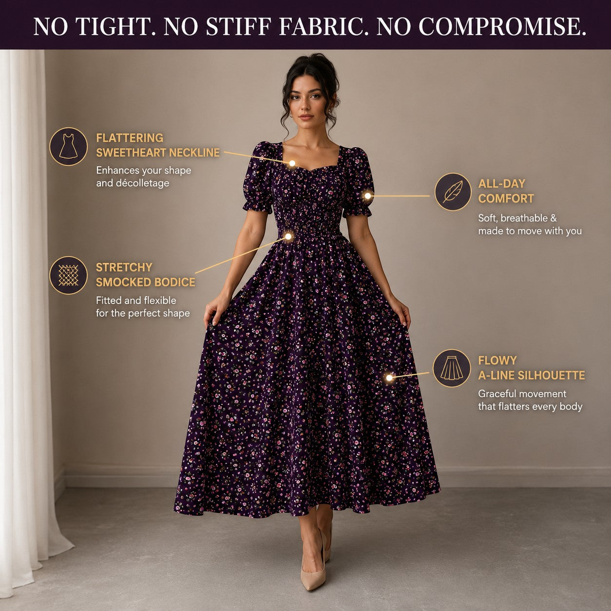 Elegant Floral Maxi Dress for Women Puff Sleeve Square Neck Cottage core Dress Wedding Guest Garden Party Dress