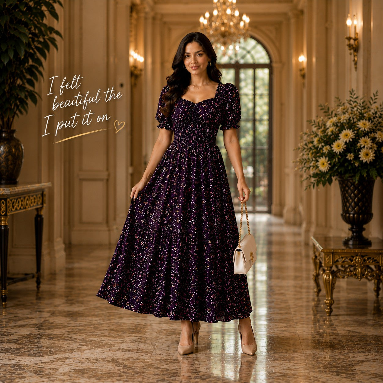 Elegant Floral Maxi Dress for Women Puff Sleeve Square Neck Cottage core Dress Wedding Guest Garden Party Dress