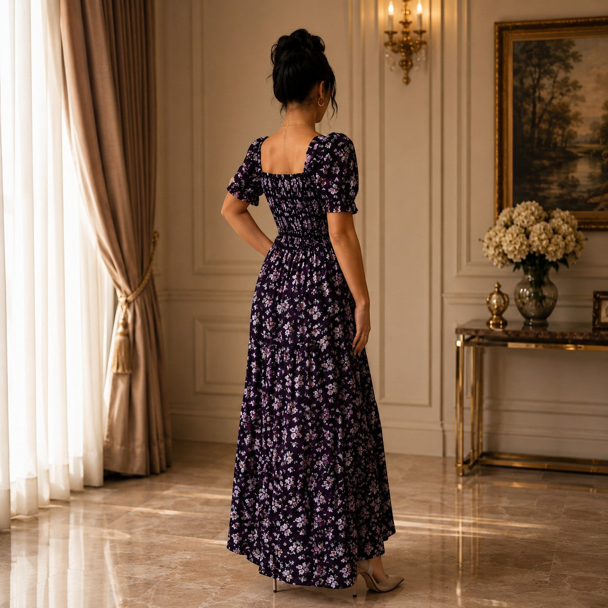 Elegant Floral Maxi Dress for Women Puff Sleeve Square Neck Cottage core Dress Wedding Guest Garden Party Dress