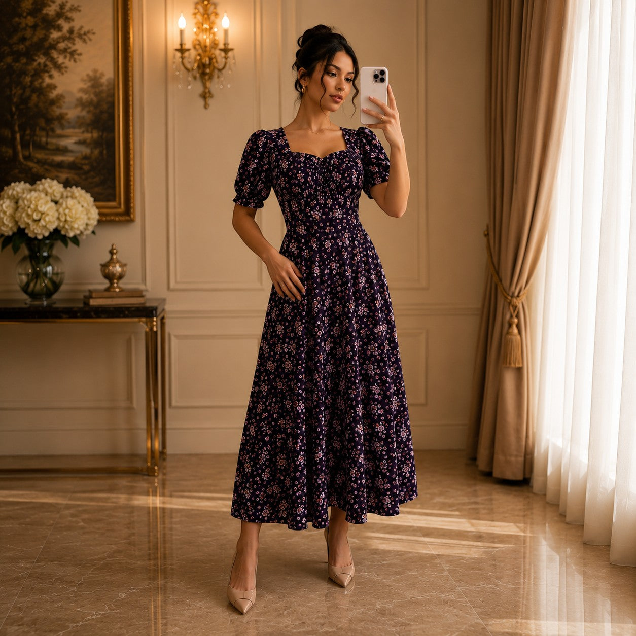 Elegant Floral Maxi Dress for Women Puff Sleeve Square Neck Cottage core Dress Wedding Guest Garden Party Dress