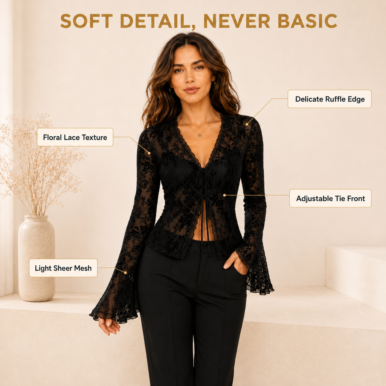 Black Sheer Floral Lace Blouse | Tie Front Long Sleeve Mesh Top | Ruffle Edge Evening Shirt | Dark Feminine Party Outfit