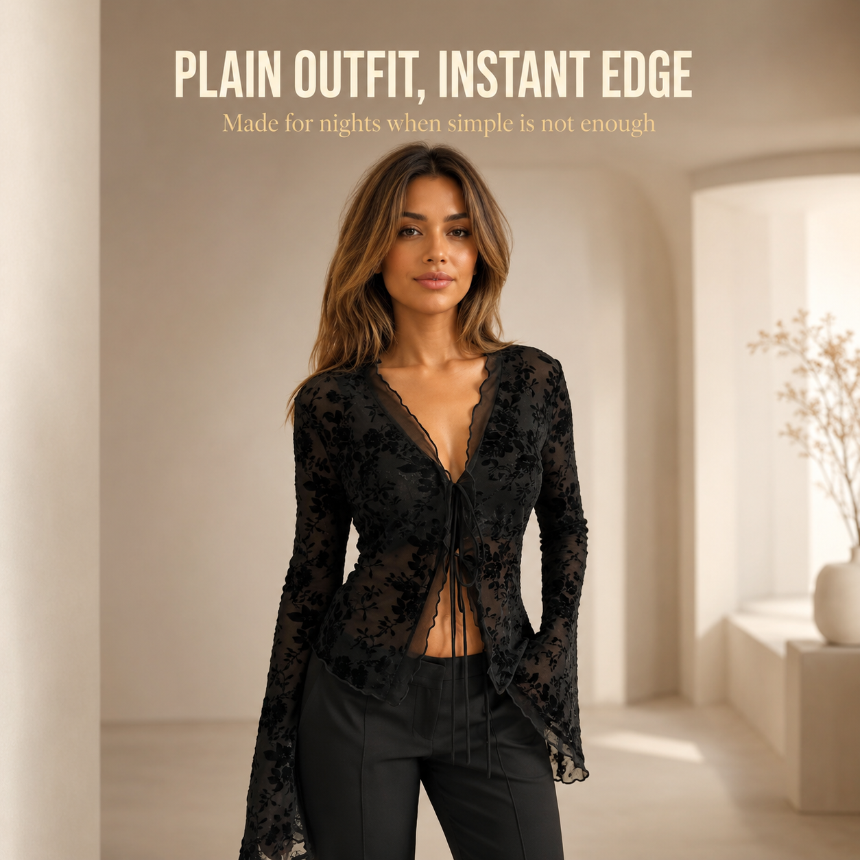 Black Sheer Floral Lace Blouse | Tie Front Long Sleeve Mesh Top | Ruffle Edge Evening Shirt | Dark Feminine Party Outfit