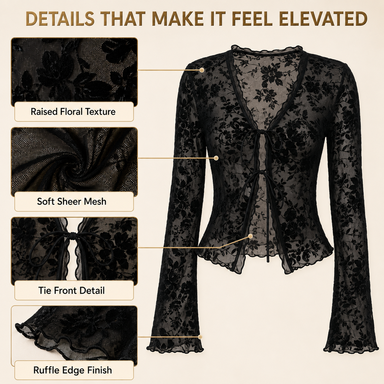 Black Sheer Floral Lace Blouse | Tie Front Long Sleeve Mesh Top | Ruffle Edge Evening Shirt | Dark Feminine Party Outfit