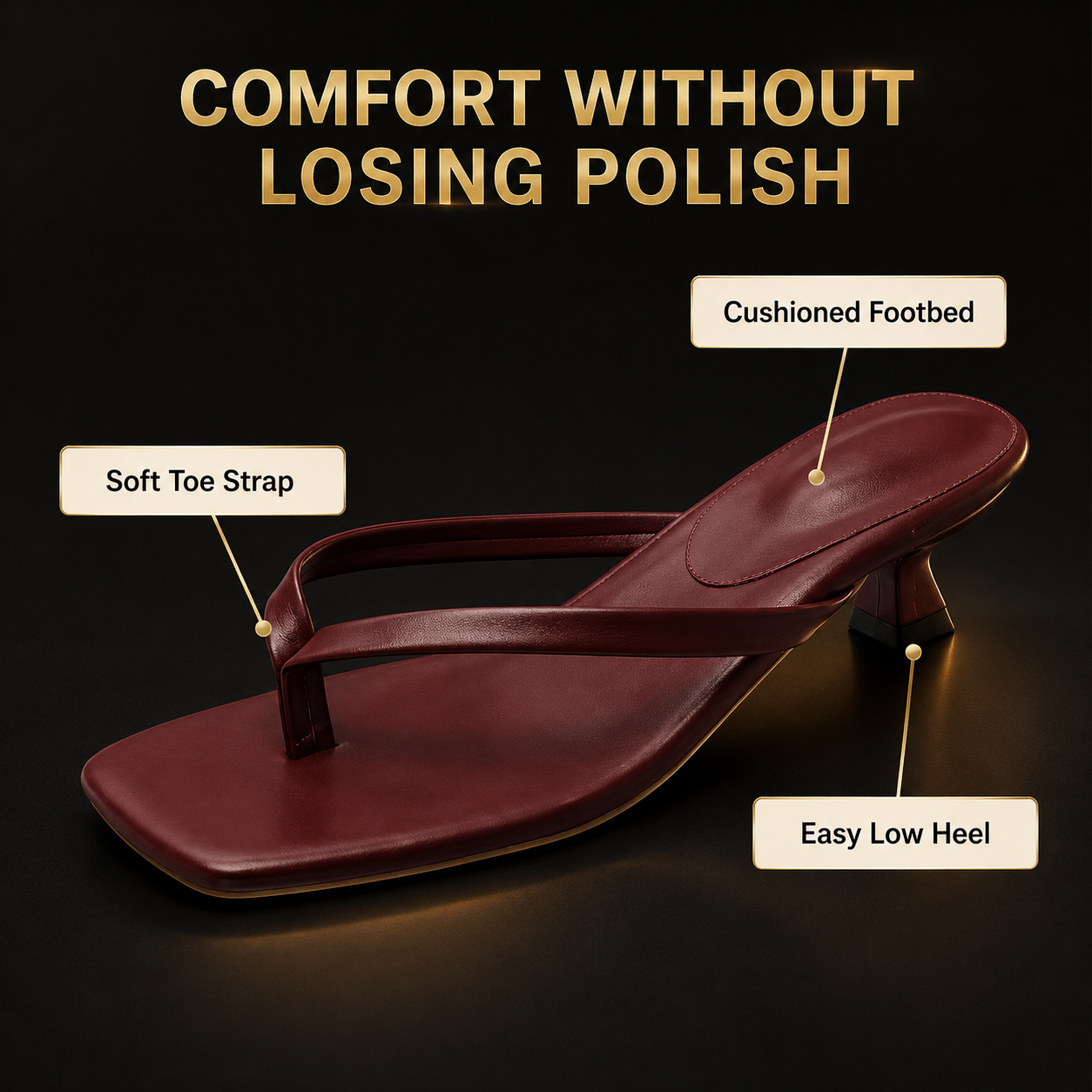 Square Toe Thong Heels | Low Kitten Heel Sandals | Minimal Slip On Mules | Padded Sole Dress Shoes