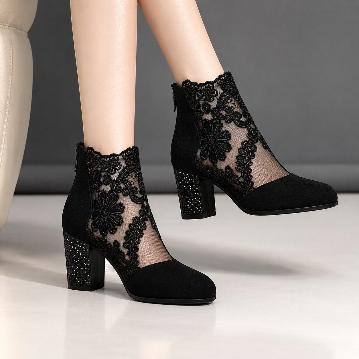Black Lace Ankle Boots for Women Block Heel Mesh Booties Elegant Dress Shoes Wedding Party Footwear