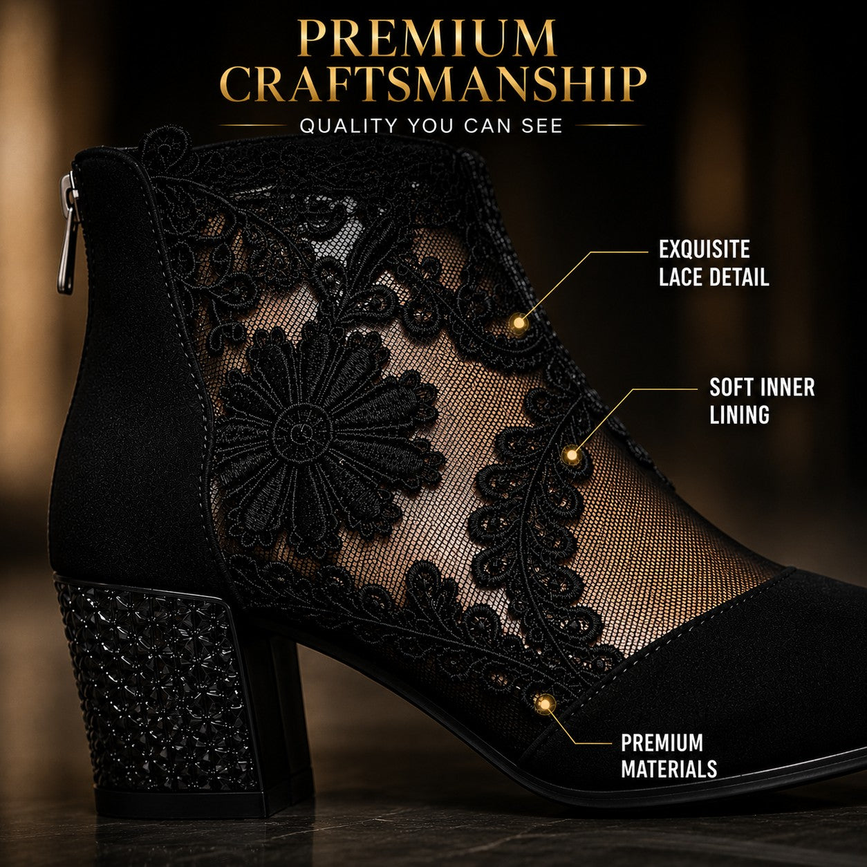 Black Lace Ankle Boots for Women Block Heel Mesh Booties Elegant Dress Shoes Wedding Party Footwear