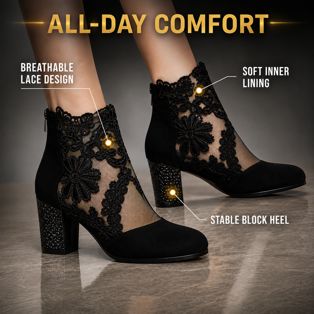 Black Lace Ankle Boots for Women Block Heel Mesh Booties Elegant Dress Shoes Wedding Party Footwear