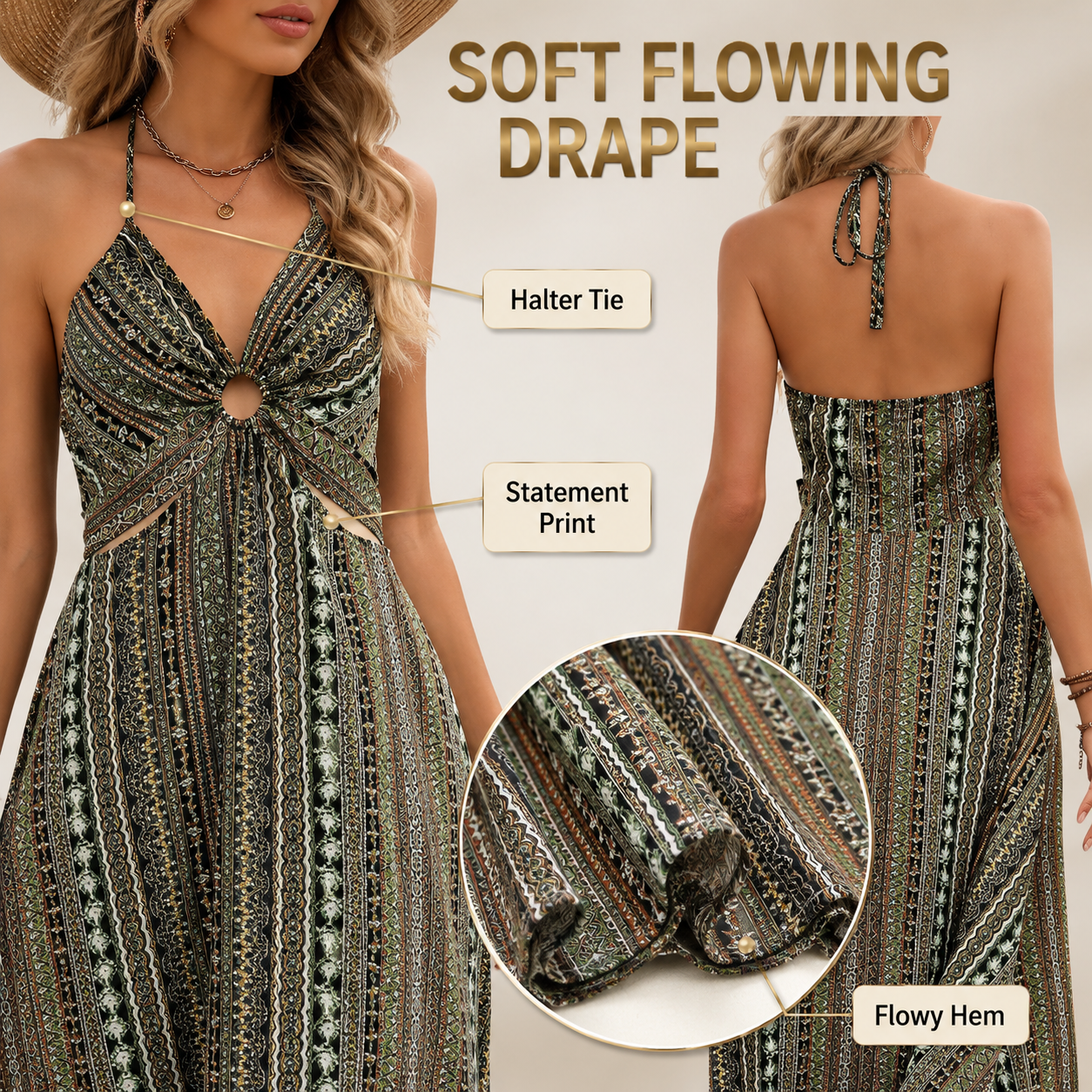 Boho Halter Maxi Dress | Printed Backless Sundress | Flowy Resort Dress | Beach Vacation Outfit For Women