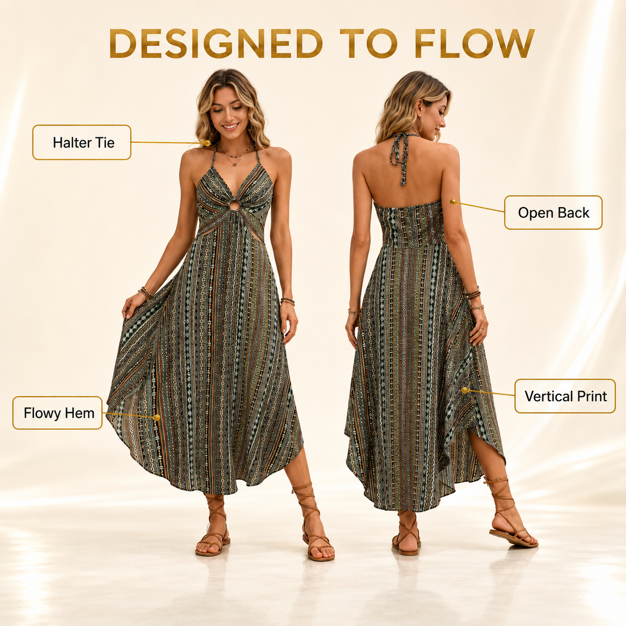 Boho Halter Maxi Dress | Printed Backless Sundress | Flowy Resort Dress | Beach Vacation Outfit For Women