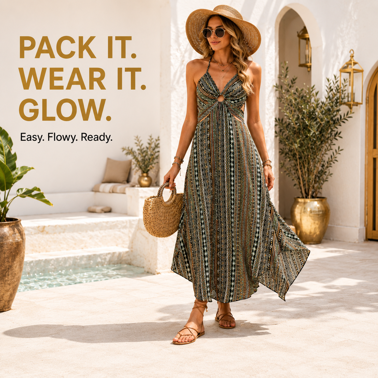 Boho Halter Maxi Dress | Printed Backless Sundress | Flowy Resort Dress | Beach Vacation Outfit For Women