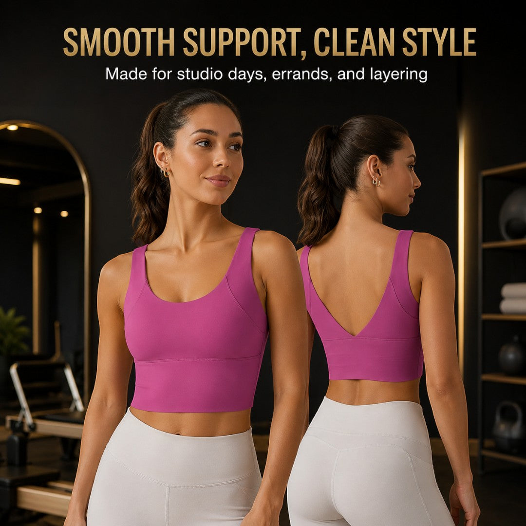 Yoga Crop Tank | Longline Support Top | Scoop Neck Workout Bra | Deep V Back Studio Wear | Smooth Wide Strap Gym Top | Pilates Layering
