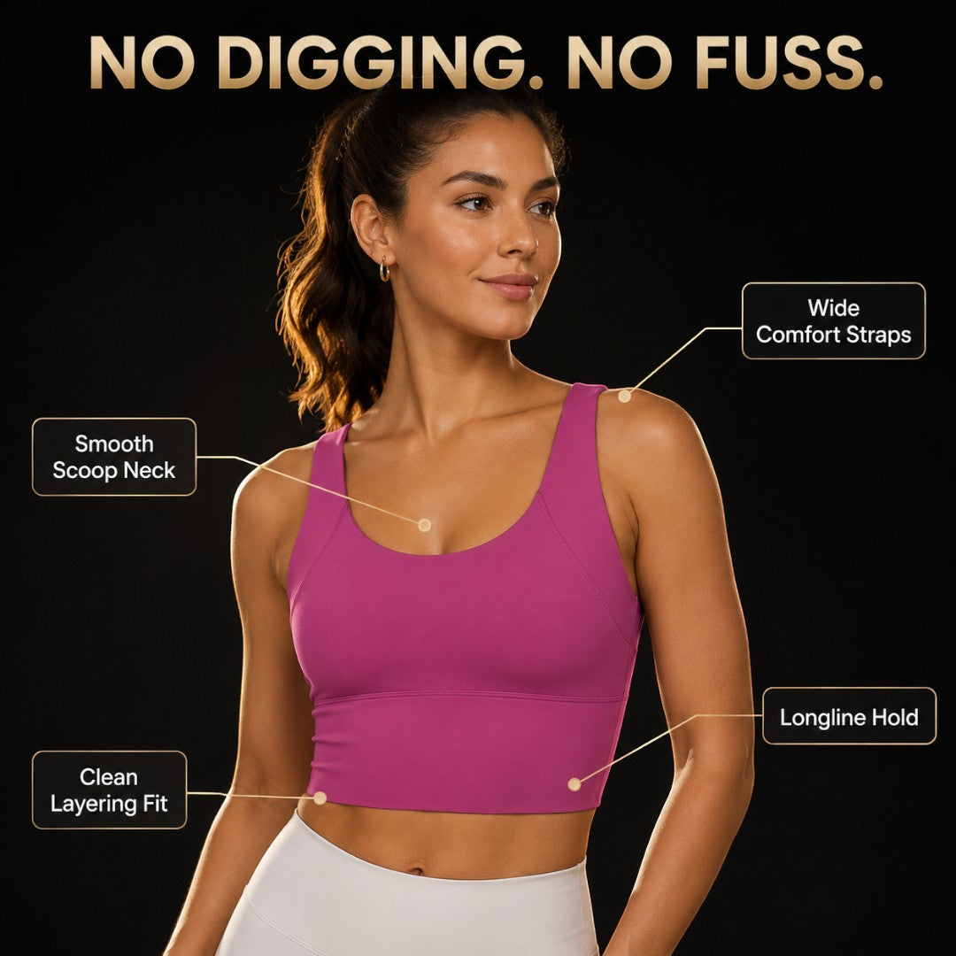 Yoga Crop Tank | Longline Support Top | Scoop Neck Workout Bra | Deep V Back Studio Wear | Smooth Wide Strap Gym Top | Pilates Layering