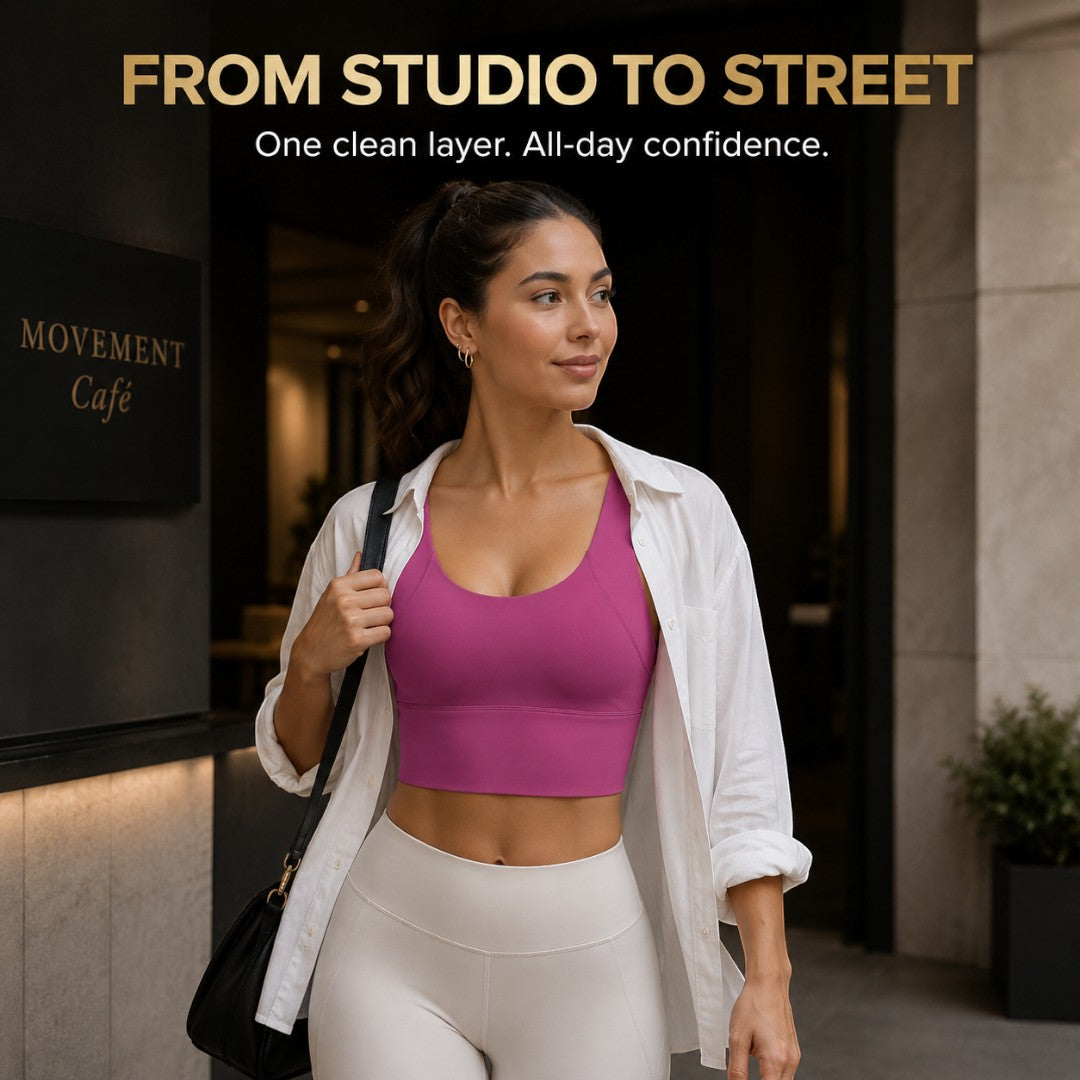 Yoga Crop Tank | Longline Support Top | Scoop Neck Workout Bra | Deep V Back Studio Wear | Smooth Wide Strap Gym Top | Pilates Layering