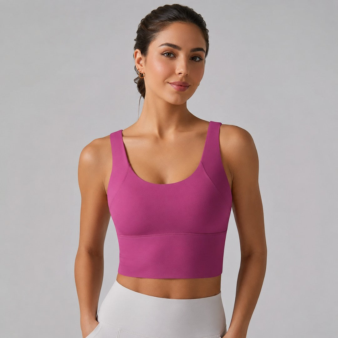 Yoga Crop Tank | Longline Support Top | Scoop Neck Workout Bra | Deep V Back Studio Wear | Smooth Wide Strap Gym Top | Pilates Layering