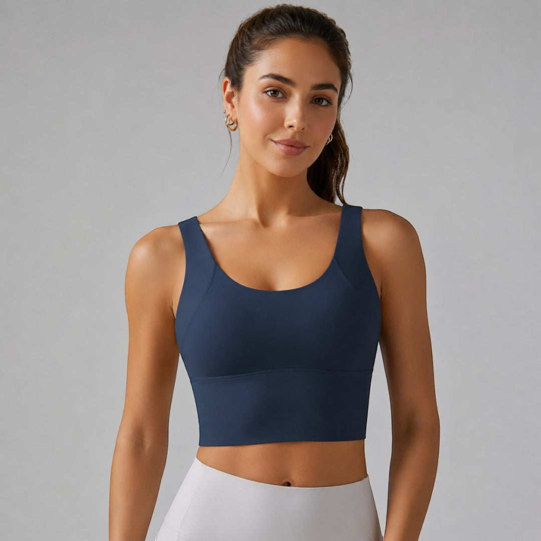 Yoga Crop Tank | Longline Support Top | Scoop Neck Workout Bra | Deep V Back Studio Wear | Smooth Wide Strap Gym Top | Pilates Layering
