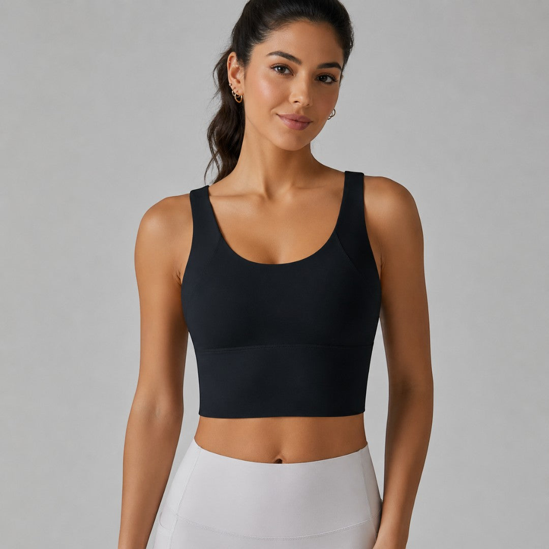 Yoga Crop Tank | Longline Support Top | Scoop Neck Workout Bra | Deep V Back Studio Wear | Smooth Wide Strap Gym Top | Pilates Layering