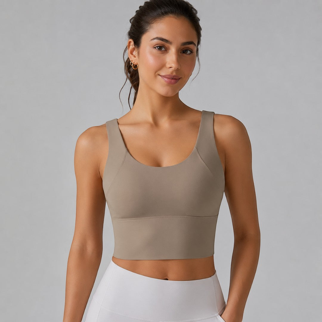 Yoga Crop Tank | Longline Support Top | Scoop Neck Workout Bra | Deep V Back Studio Wear | Smooth Wide Strap Gym Top | Pilates Layering