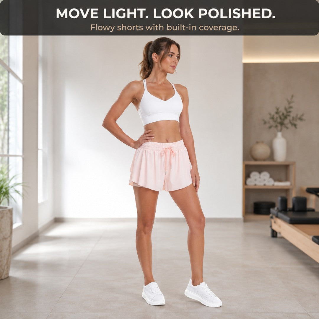 Women Sports Shorts With Liner | Elastic Drawstring Waist | Side Pocket Gym Bottoms | Lightweight Flowy Yoga Running Casual Fitness Wear