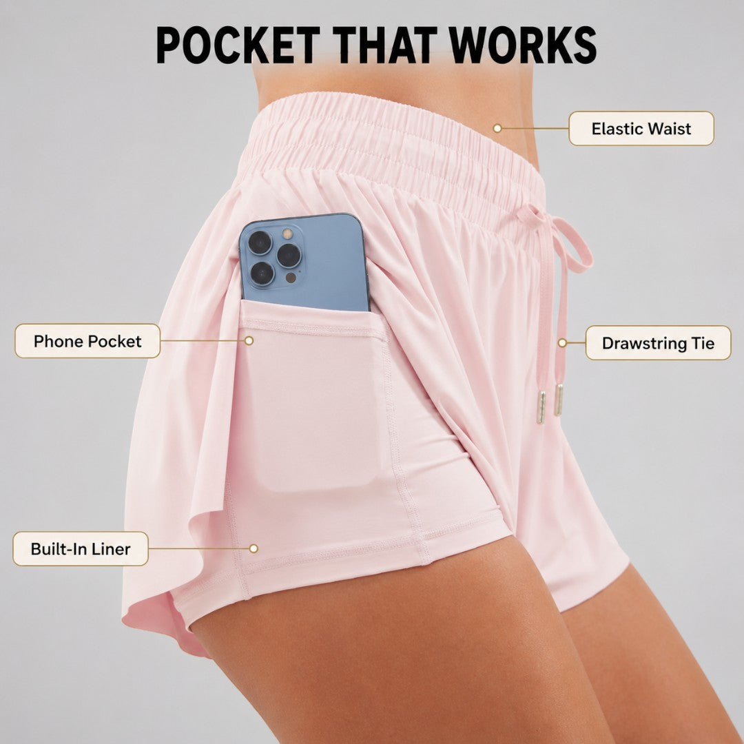 Women Sports Shorts With Liner | Elastic Drawstring Waist | Side Pocket Gym Bottoms | Lightweight Flowy Yoga Running Casual Fitness Wear