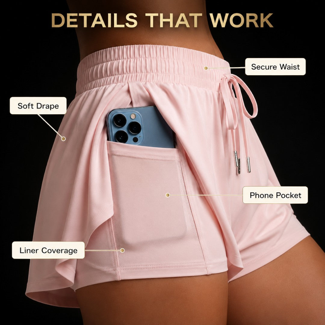 Women Sports Shorts With Liner | Elastic Drawstring Waist | Side Pocket Gym Bottoms | Lightweight Flowy Yoga Running Casual Fitness Wear