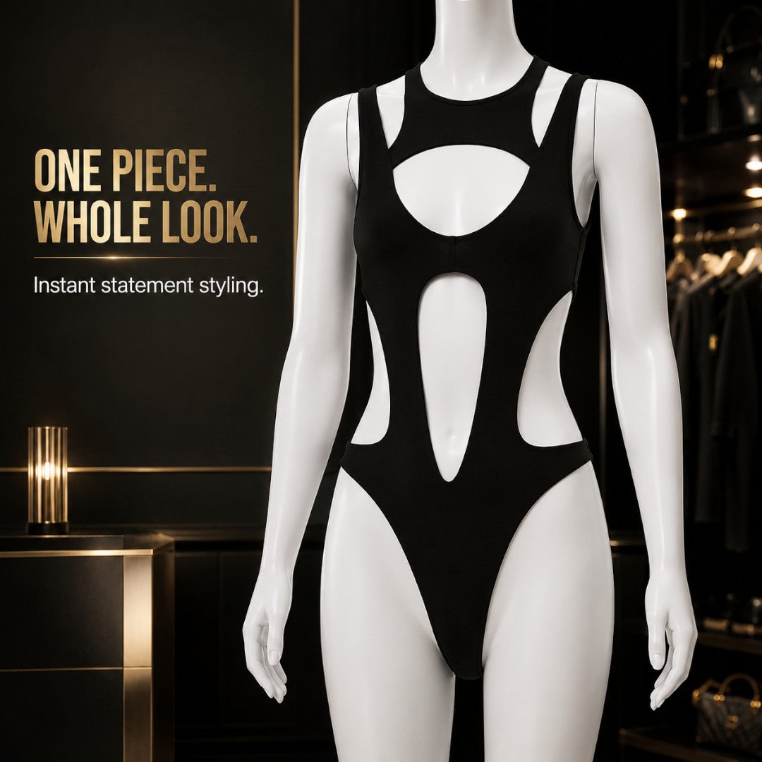 Black Cutout Bodysuit For Women | Edgy Sleeveless Club Top | Statement Night Out Outfit | Stretch Fitted Body Top