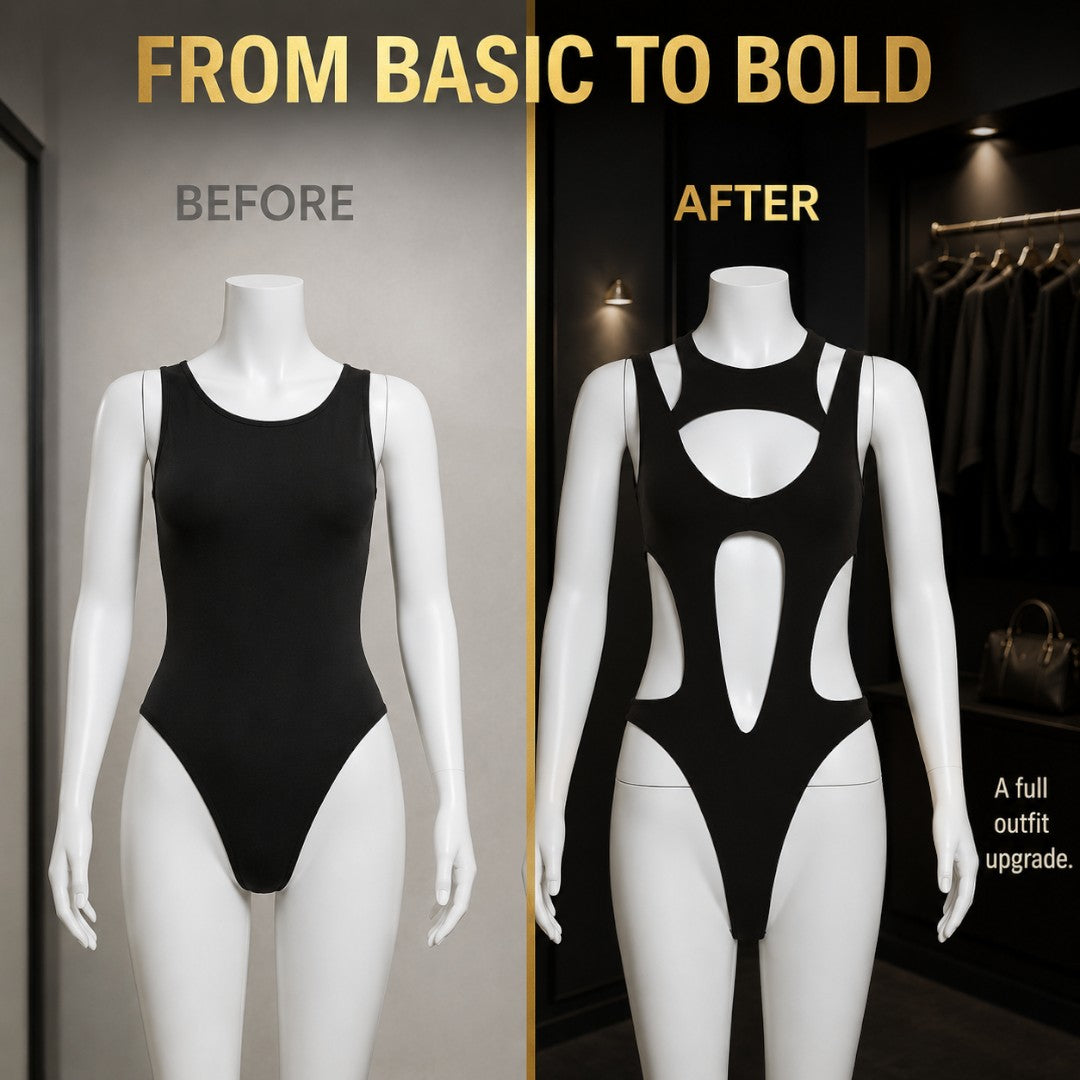 Black Cutout Bodysuit For Women | Edgy Sleeveless Club Top | Statement Night Out Outfit | Stretch Fitted Body Top