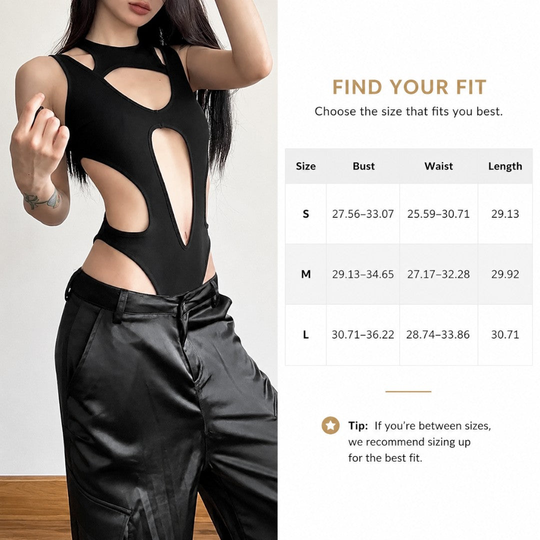 Black Cutout Bodysuit For Women | Edgy Sleeveless Club Top | Statement Night Out Outfit | Stretch Fitted Body Top