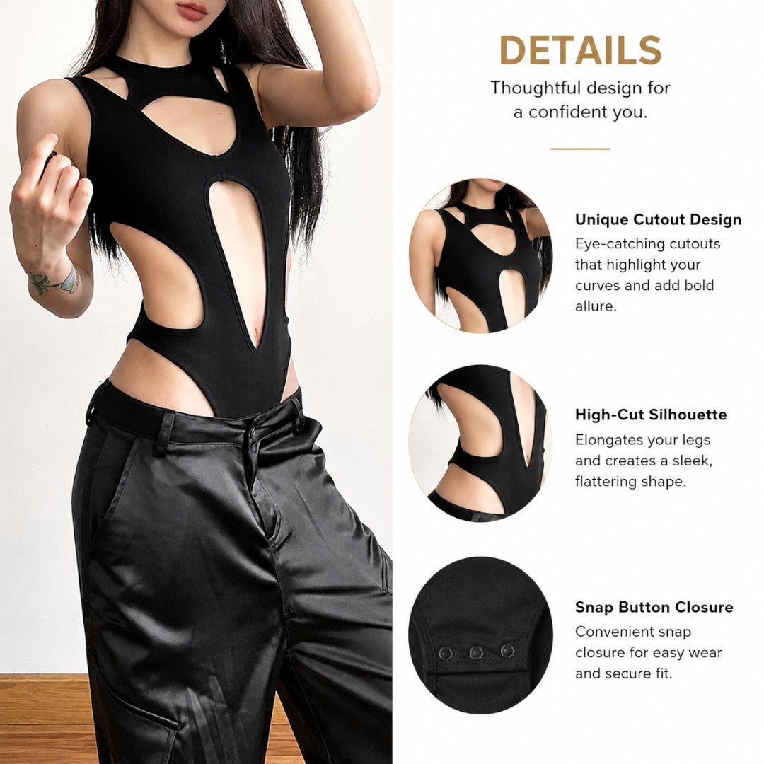 Black Cutout Bodysuit For Women | Edgy Sleeveless Club Top | Statement Night Out Outfit | Stretch Fitted Body Top